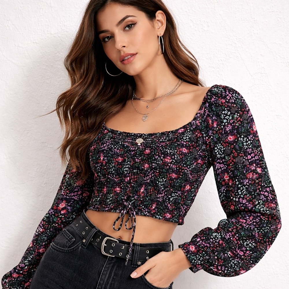 Dark Floral Smocked Puff Sleeve Crop Top M Y2K Coquette Fairy Romantic Soft